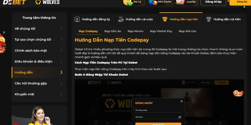 Hướng dẫn từng bước nạp tiền Debet
